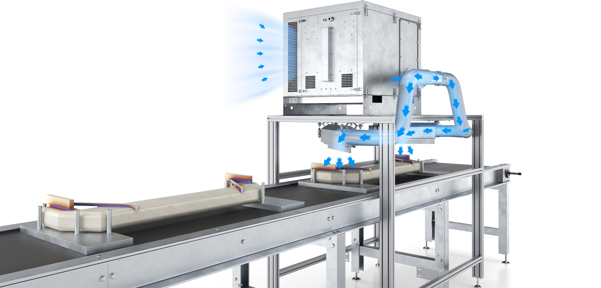 Bild eines Kühltunnels, der über einem Fließband installiert ist. Auf dem Fließband werden Schweißstücke transportiert, die im Kühltunnel gekühlt werden.
